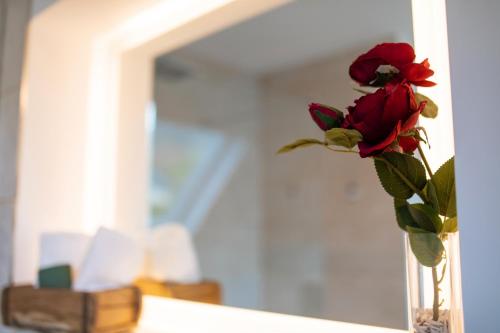 a rose in a vase in front of a mirror at Urlaubsoase Moselglück in Kröv