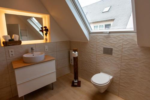 een badkamer met een toilet, een wastafel en een raam bij Urlaubsoase Moselglück in Kröv