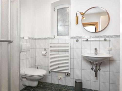 ein Badezimmer mit einem WC, einem Waschbecken und einem Spiegel in der Unterkunft Ferienanlage Poschmann Fischerstube in Insel Poel
