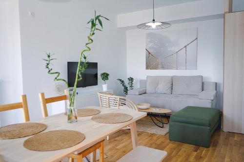 a living room with a table and a couch at Sunlight Apartment in Skopje