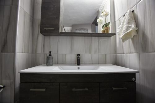 bagno con lavandino bianco e specchio di C.L.A. 2 City Lux Apartment Alaxandroupoli a Alexandroupoli