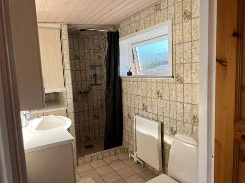 ein Bad mit einem Waschbecken, einem WC und einer Dusche in der Unterkunft Hyggeligt byhus in Harboør