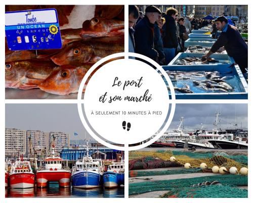 a collage of photos with boats in a harbor at Chambres d'Hôtes Au coin du spa in Boulogne-sur-Mer