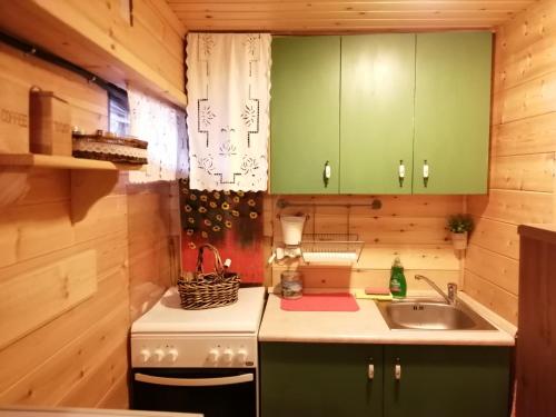 una pequeña cocina con armarios verdes y fregadero en Sweet Home, en Neraidochori