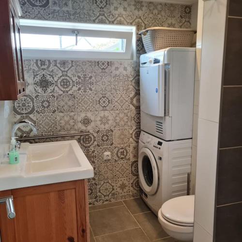 a bathroom with a washing machine and a washer at wellness chalet met jacuzzi, sauna, omheinde tuin, in Sint Annaland