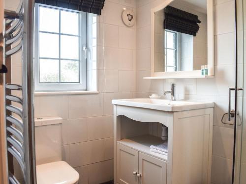 bagno con lavandino, servizi igienici e specchio di Guards Cottage a Gleaston