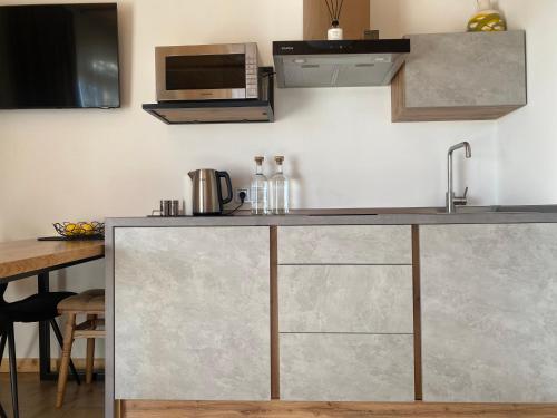 a kitchen with a counter with a sink and a microwave at Високий Перевал, Bukovel in Yablunytsya