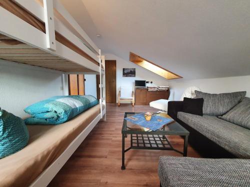 sala de estar con cama elevada y sofá en Ferienhaus-Schönwald im Herzen des Schwarzwaldes 2Zimmer-Wohnung mit Dachterrasse und Balkon App 25 en Schönwald