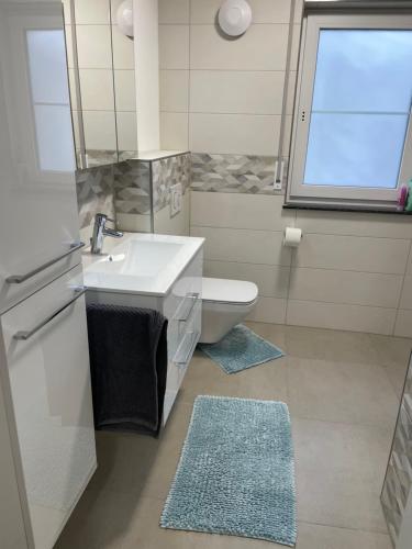 a bathroom with a sink and a toilet and a window at Ferienwohnung AS Verwaltungs GmbH in Schopfloch