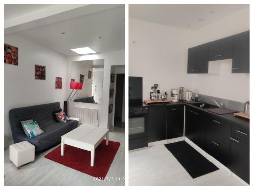 une cuisine et un salon avec des armoires noires dans l'établissement TY SAM Bretagne - Bel appartement maison RDC Terrasse T3-T4 proche plages et commerces, à Trébeurden