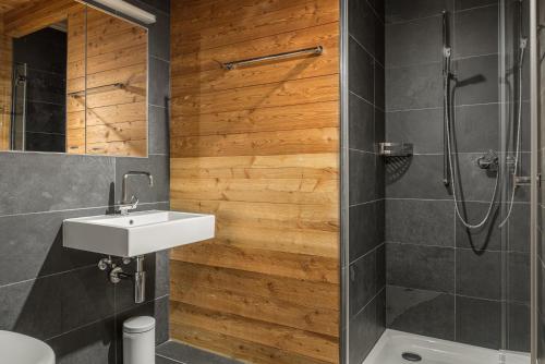 La salle de bains est pourvue d'un lavabo et d'une douche. dans l'établissement Nachtigall OG, à Bettmeralp
