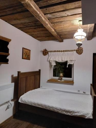 Schlafzimmer mit einem Bett und einem Fenster in der Unterkunft Agroturystyka LipoweWzgórze- Jaś&Małgosia in Tereszpol