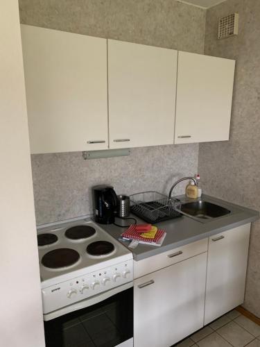 a kitchen with white cabinets and a stove top oven at Ruhige sonnige Wohnung mit Rooftopterrasse nahe Universität in Gerbrunn