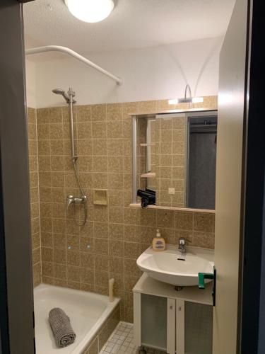 a bathroom with a sink and a shower and a tub at Ruhige sonnige Wohnung mit Rooftopterrasse nahe Universität in Gerbrunn