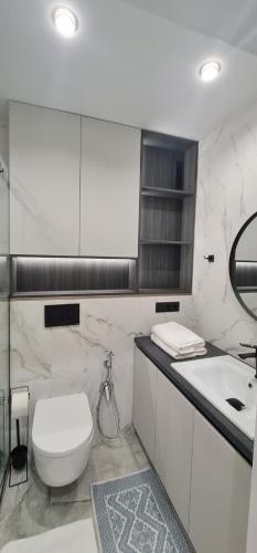 a white bathroom with a toilet and a sink at OASIS-RENT in Chişinău