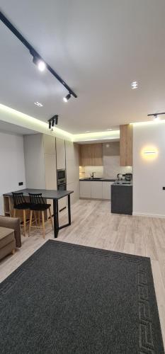 a large living room with a table and a kitchen at OASIS-RENT in Chişinău