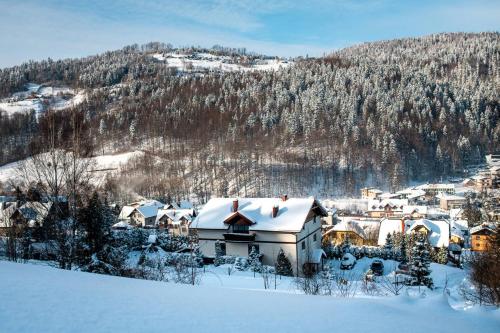 a town covered in snow in front of a mountain at Przystanek Góry in Szczyrk