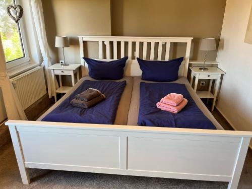 a bedroom with two beds with blue pillows at Ferienwohnung Nordbrise in Schashagen