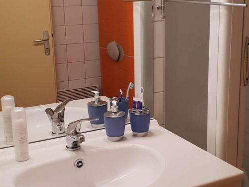 - un lavabo avec des brosses à dents en tasses dans l'établissement Appartement cosy pour 4-6 pers, proche centre, parking, casier à ski, Cauterets - FR-1-234-294, à Cauterets