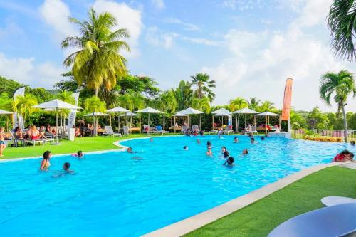 un gruppo di persone in piscina in un resort di Color Garden - Studio Martinique a Sainte-Anne