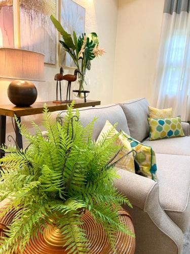 a living room with a couch and a plant at Villa Ruby - with private swimming pool in Kota Bharu