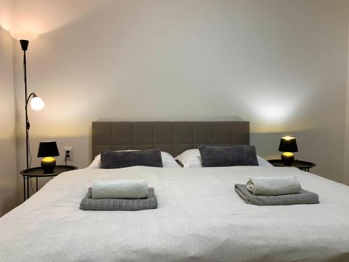 a bedroom with a large bed with two pillows on it at Penzión Talisman in Rajecké Teplice