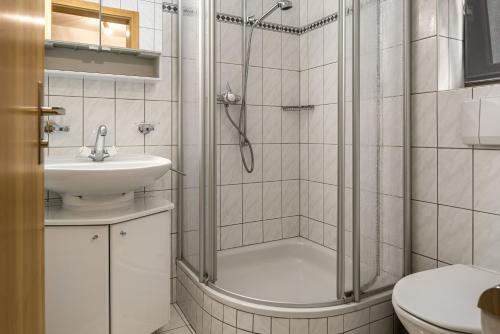 La salle de bains est pourvue d'une douche, d'un lavabo et de toilettes. dans l'établissement Fata Morgana 2, à Bettmeralp
