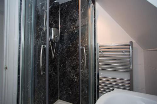 een badkamer met een glazen douche en een toilet bij Pebbles Seaside Lodge in Kent