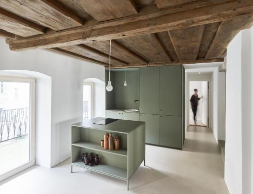 a kitchen with green cabinets and a wooden ceiling at CHARMANTES APARTMENT im Herzen von Linz in Linz