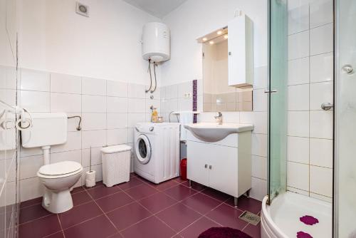 a bathroom with a toilet sink and a washing machine at Apartment Eva in Maslenica
