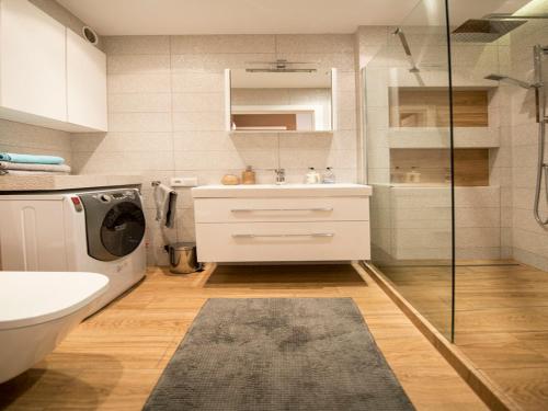 La salle de bains est pourvue d'un lavabo et d'un lave-linge. dans l'établissement Apartament Nad Wisłą, à Cracovie