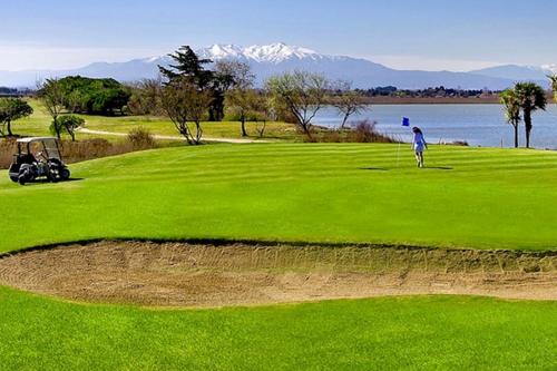 un golfista si trova su un campo da golf verdeggiante e lussureggiante di Studio vue mer. Calme et idéalement situé a Canet-en-Roussillon