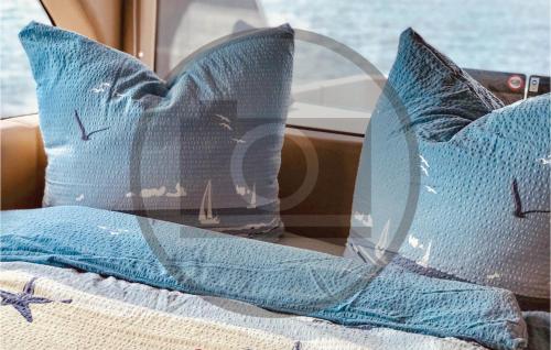 Un par de almohadas azules sentadas en un coche en 1 Bedroom Stunning Ship In Havelsee en Buchholz