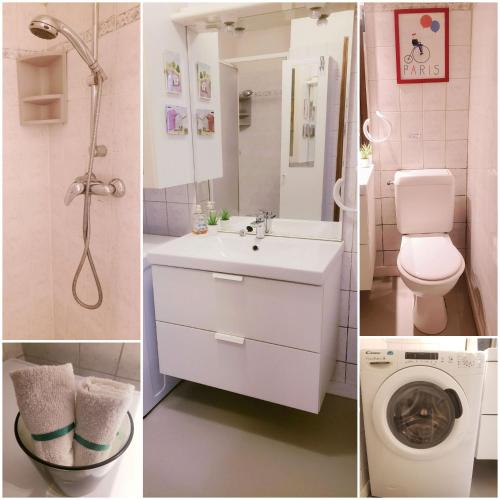 Trois photos d'une salle de bains avec lavabo et douche dans l'établissement Maison pour vous - TinyHouse center of Paris - logement insolite #MaCabaneAParis, à Paris