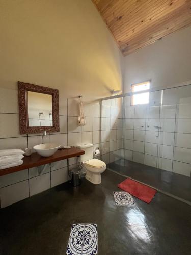 W łazience znajduje się umywalka, toaleta i lustro. w obiekcie Pousada Vale dos Diamantes w mieście Vargem Bonita