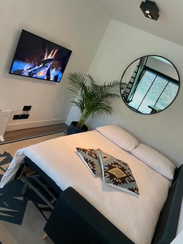 een slaapkamer met een bed met een spiegel en een tv bij Paradise Garage in Hilvarenbeek