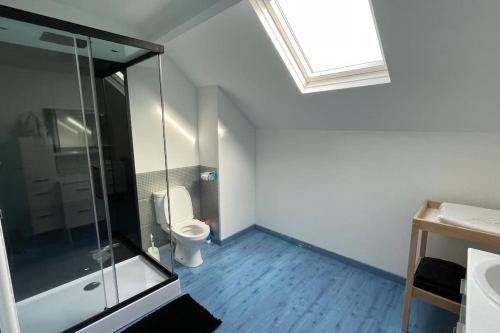 a bathroom with a shower and a toilet and a sink at Maison centre bourg à 50m de la plage in Cherrueix