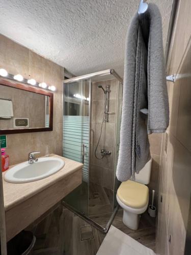 a bathroom with a sink and a shower and a toilet at Bonita Inn in Amman