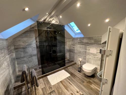 a bathroom with a shower and a toilet at Splendide appartement style chalet classé 4 étoiles, terrasse face à la montagne in La Bresse