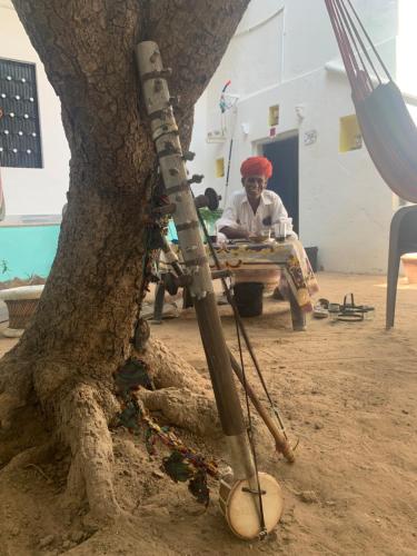 a man sitting at a table next to a tree at Shiva Guest House in Pushkar