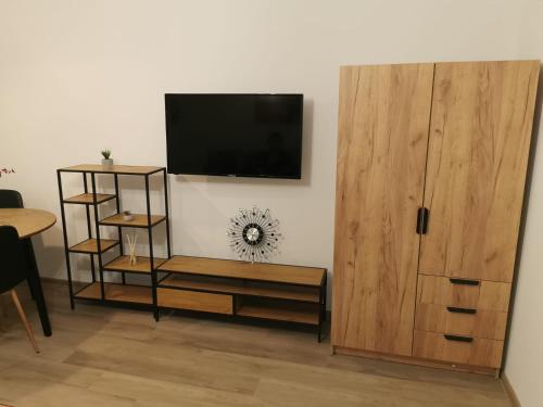 - un salon avec une télévision et une armoire en bois dans l'établissement Modern Studio, à Târgu-Mureş