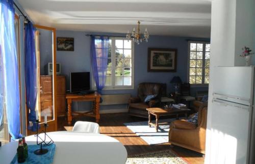 ein Wohnzimmer mit blauen Wänden, einem Sofa und Stühlen in der Unterkunft Forest Lake views and fishing in Troniçais