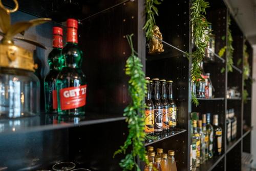 a bar with several bottles of alcohol on shelves at Chateau des Ayes - Chambres & suites in Saint-Étienne-de-Saint-Geoirs