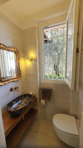 a bathroom with a sink and a toilet and a window at Villa Serendipità in Gardone Riviera