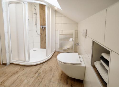 a white bathroom with a toilet and a shower at Haus Tobias in Bad Füssing