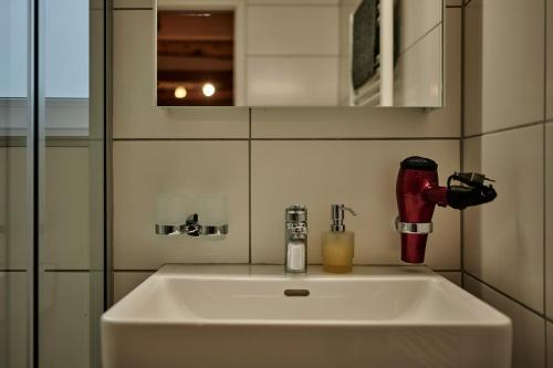 a white sink in a bathroom with a red appliance at Lakeside Tiny House Brienz in Brienz