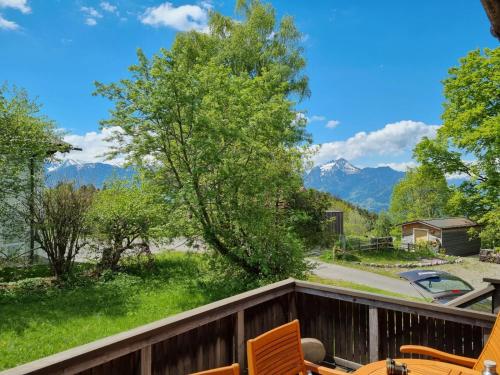 a view of the mountains from the deck at Haus Rheintalblick in Übersaxen