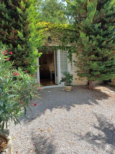 a garden with two trees and a house at Le gîte Calluna in Sablet