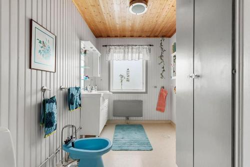 a bathroom with a blue toilet and a sink at Stadsnära och naturskön villa med 50m till vatten in Granträsket