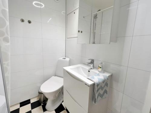 拉姆貝格的住宿－Lofoten Fjord House - Mountain & Seaview，白色的浴室设有卫生间和水槽。